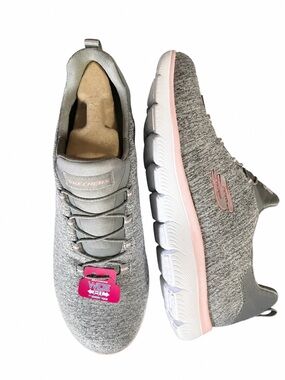 NWT Sketchers Slip-Ins Comfort Walking Sneakers Vegan Gray Coral Pink 9 Wide